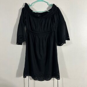 Venus Eyelet Off Shoulder Dress Women Medium Black Boho Bell Sleeve Mini
